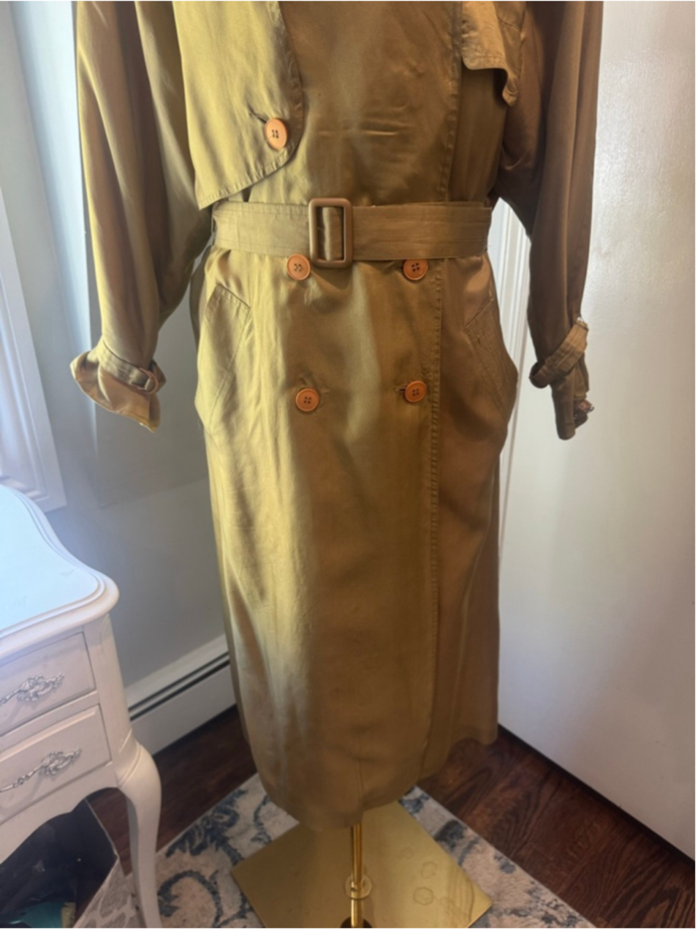 Vintage Silk Trench Coat Gold Bronze olive Iridescent Belted Duster Women’s L - Picture 5 of 16